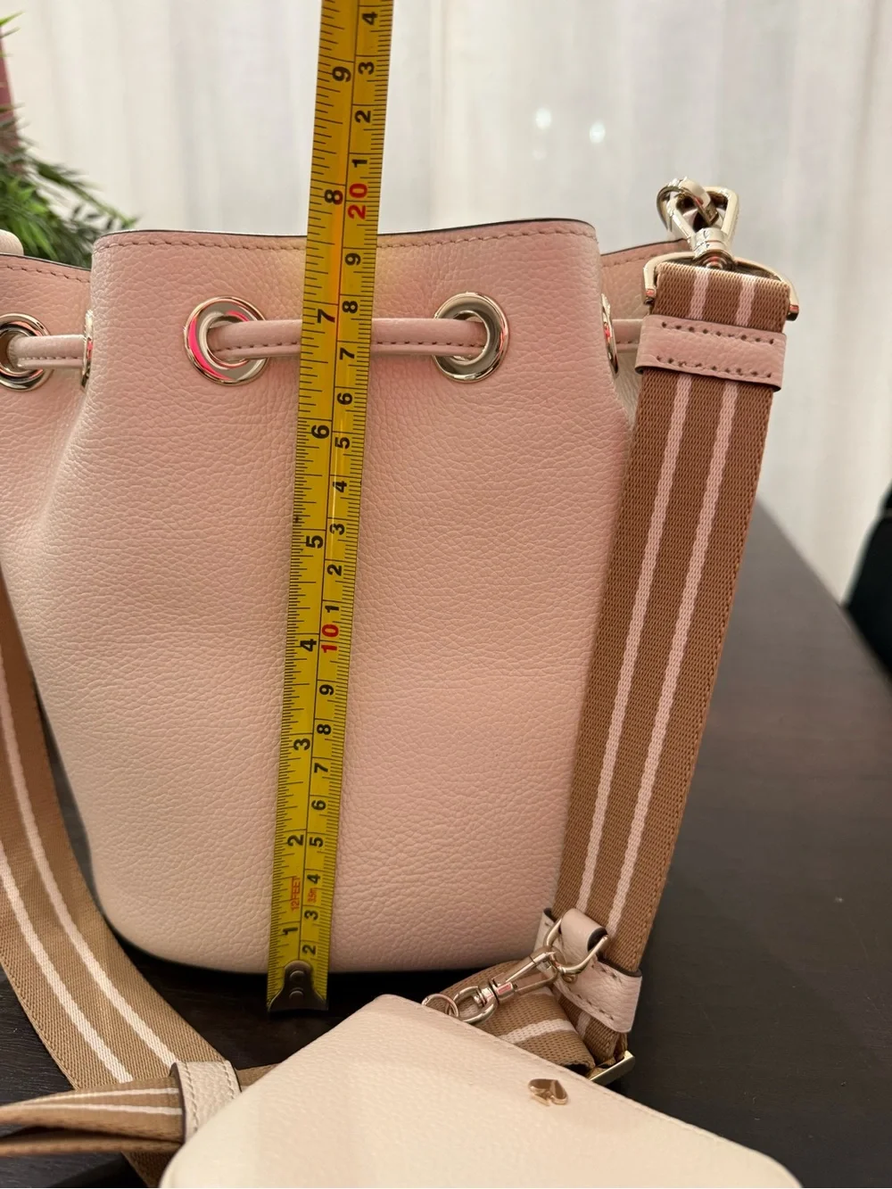Kate Spade Pebbled Leather Drawstring Bucket Bag with Striped Strap